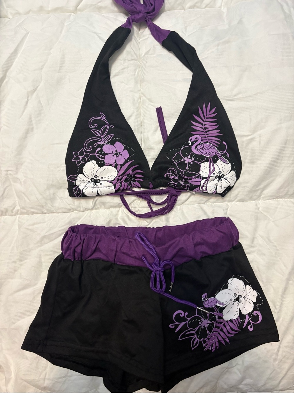 Purple & Black Floral Halter Top with Matching Shorts